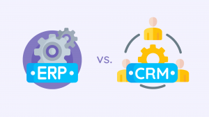 Ícones ilustrados representando ERP e CRM, com a palavra 'vs.' no meio.