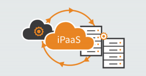 Ilustração de um conceito de iPaaS (Platform as a Service), mostrando duas nuvens conectadas por setas circulares a um servidor, simbolizando a integração de plataformas na nuvem.