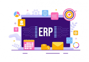 Ilustração de um monitor de computador com a palavra 'ERP' no centro, rodeado por ícones coloridos de calendário, moeda, e-mail, alvo, carrinho de compras e gráficos, representando as diversas funcionalidades e módulos de um sistema ERP.