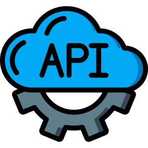 Ícone de uma nuvem azul com a palavra 'API' escrita no centro, com uma engrenagem cinza na parte inferior, simbolizando a integração e automação de processos por meio de APIs.