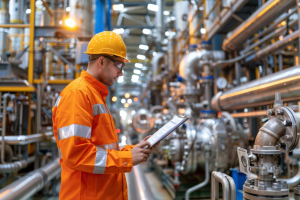 
Engenheiro em uma fábrica industrial, usando capacete e analisando uma prancheta.
