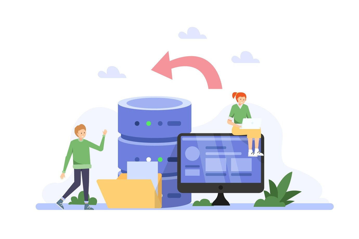 "Ilustração de duas pessoas trabalhando com servidores e armazenamento digital, com uma seta indicando backup ou transferência de dados."