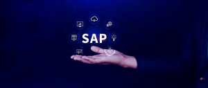 Mão aberta com ícones de integração digital e logotipo SAP.